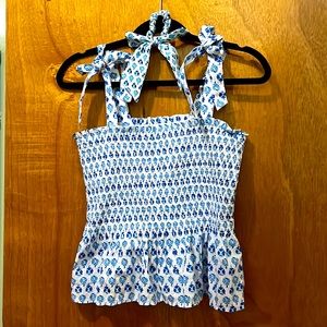 Blue and white JCrew Bow tie Blouse with matching Hair Tie